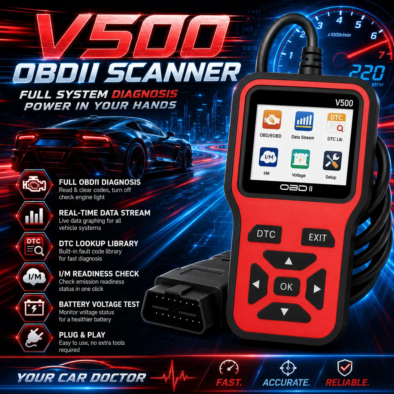 V500 Compact Automotive OBD2 Scanner, Car Diagnostic Tool with Engine Fault Code Reader, DTC Eraser and Reset Functionality, OBDII Vehicle Tester