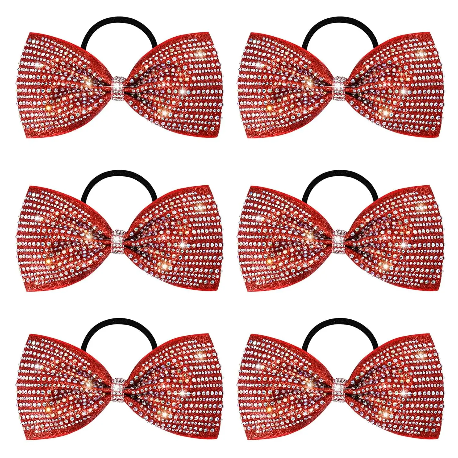 6 count Red Glitter Tailless Cheer Bows 5" Rhinestones Competition Hair Bow Elastic Band for Cheerleading Cheerleaders Girls (Glitter Red)