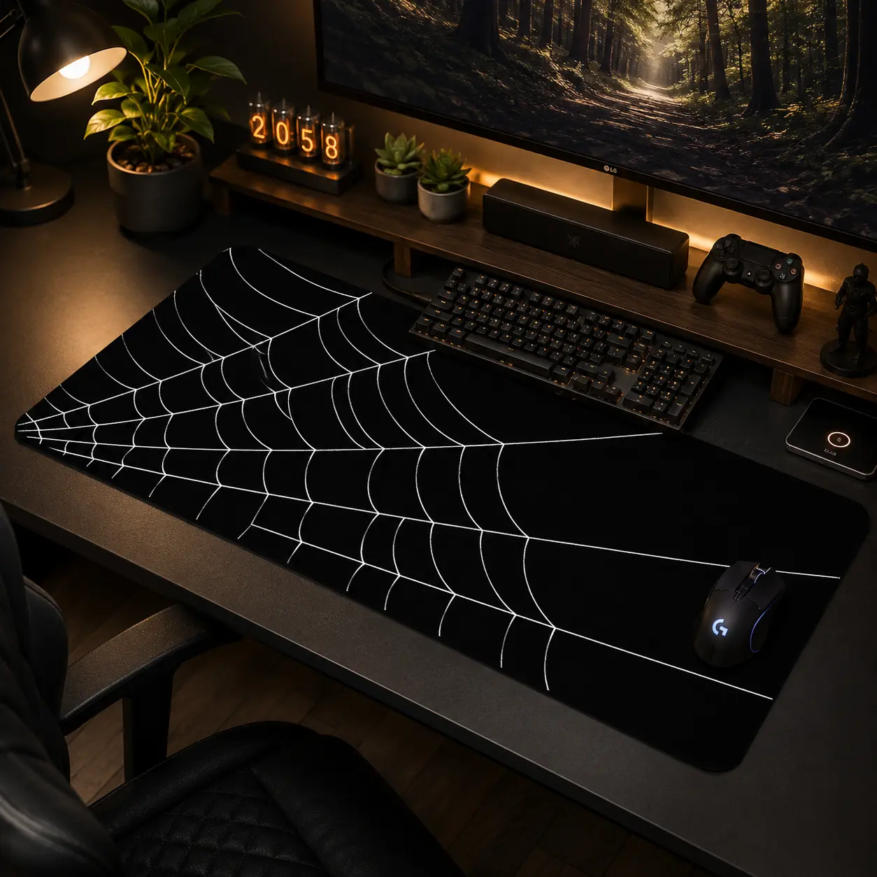 Black White Spider Web Large Gaming Mouse Pad, Non Slip Mousepad, Non-Slip Rubber Base Stitched Lock Edge Gothic Design Desk Mat, Durable Computer Accessory for Home Office & Gaming Setup, Ideal Gift for Gamers & Gothic Fans