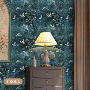 French Vintage Wallpaper Roll, Self-Adhesive Thick Deep Blue Jungle Dove Wallpaper, New Chinese Style Cabinet Sticker