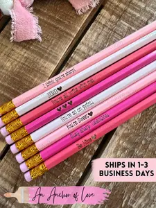 Kid's Valentines pencils 8 count-Classroom Valentine, engraved pencils, Conversation Heart Pencils