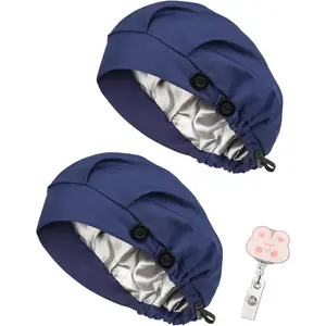 2 Pack Satin Lined Bouffant Scrub Caps with Buttons, Adjustable Scrub Caps for Women Men