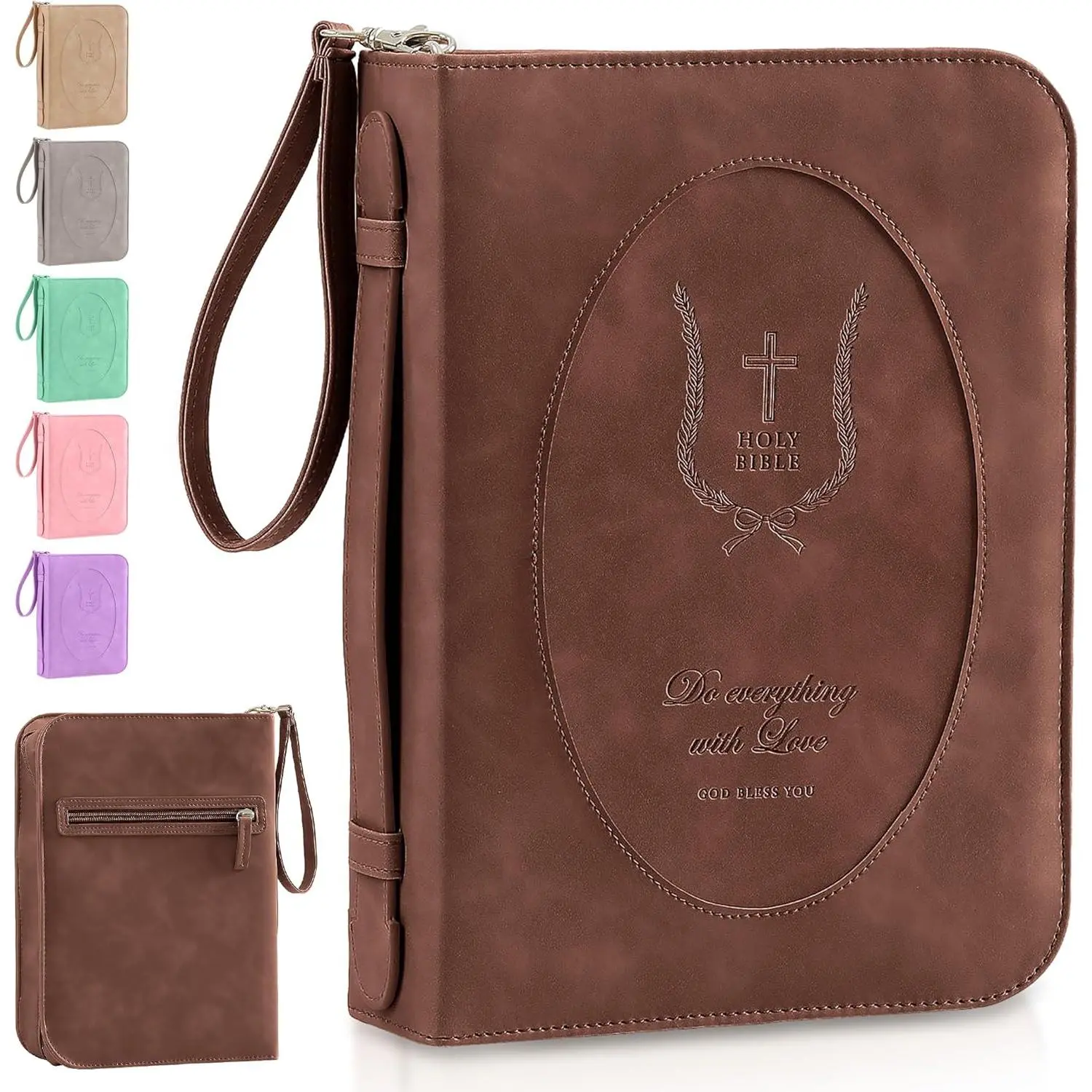 Leather  Cover for Women - Large Zippered Case with Handle and Pockets, Floral Book Protector for Study or Church, Christian  for Girls and Women, Large Size Bibles (Dark Brown)