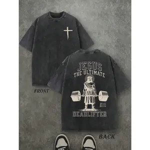 Gym & Religious Streetwear Men's Oversized T-Shirt - Vintage Washed Jesus Deadlift Print Short Sleeve Top Sarcastic Funny Cat Meme Silly Sleepy fuck Pattern
