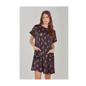 iCollection Foil Feather Print Short Sleeve Lounge Dress