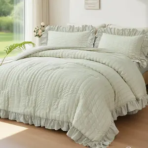 5 Pieces Queen Bed Bedding Set Beige Ruffle Comforter Sets for Adults Seersucker Bedding Set with Ruffled Vintage Farmhouse Bed in A Bag with Sheets(Beige, Queen)