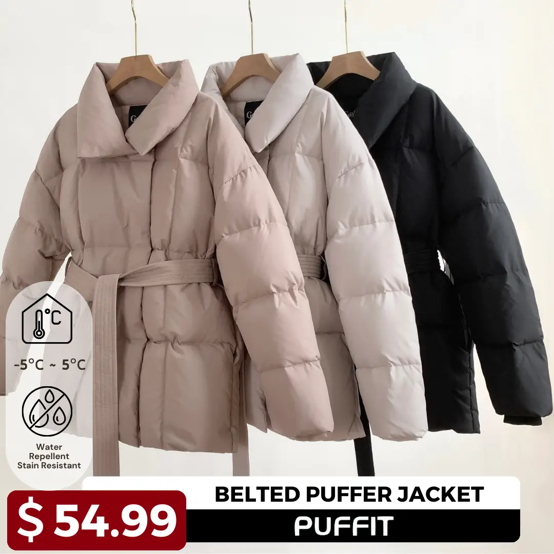 PUFFIT Mid Length Belted Puffer Jacket Womenswear, Winter Warm Classic Quilted Outerwear, Button Front Full Zip Long Sleeve Coats with Deep Pockets #F