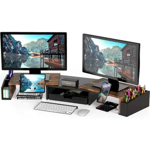 Desk Dual Monitor Stand Riser with Drawer Rustic Brown