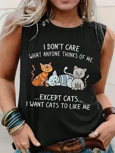 Women'S Sleeveless Tank Top With Humorous Cat Graphic - I Don't Care What Anyone Thinks Of Me, Except Cats... Design, Casual Summer Style, Black With Colorful Cat Illustrations, Perfect For Cat Lovers, Cat Lover T Shirts