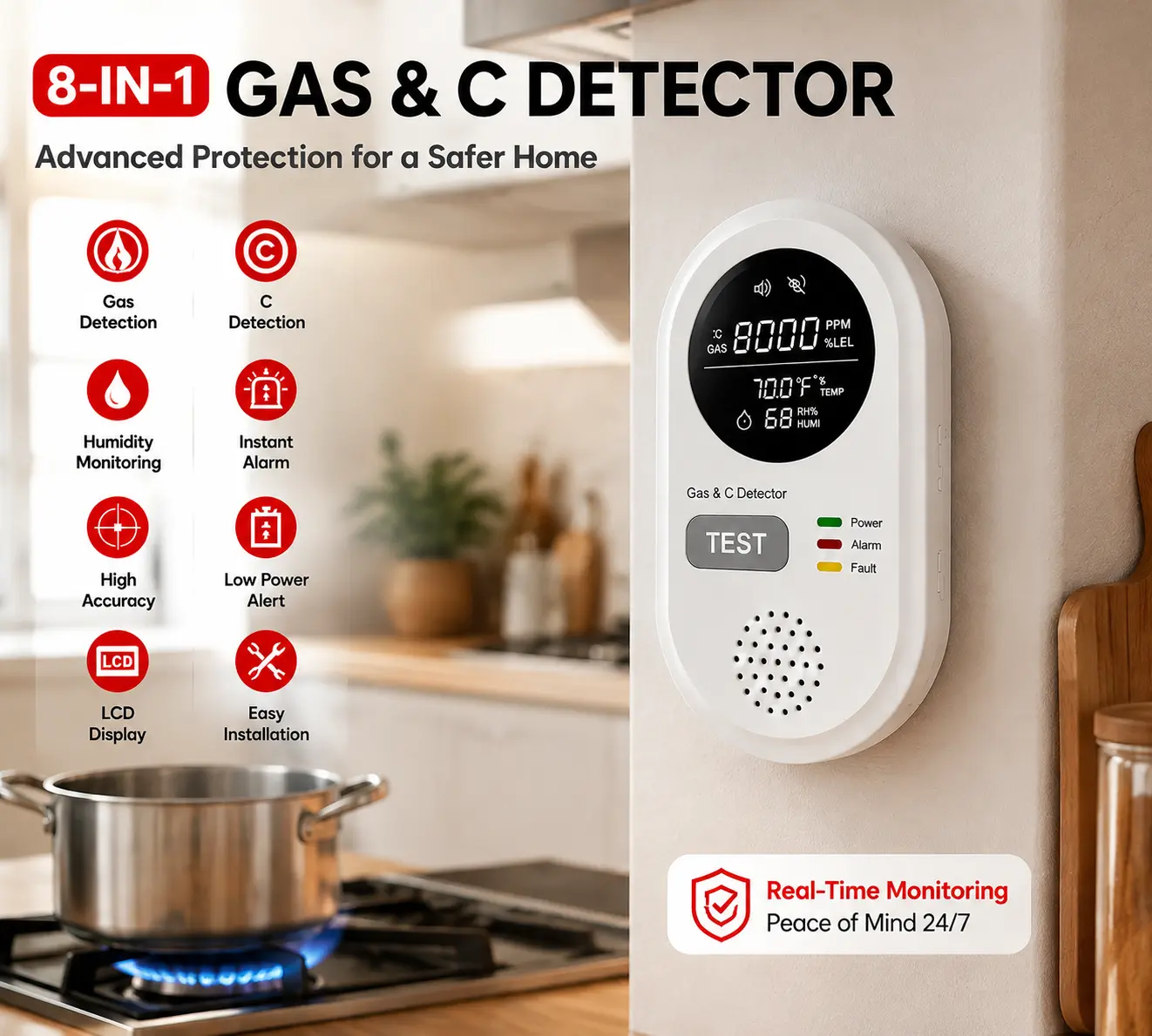 8-in-1 Portable Gas & Environmental Detector, Natural Gas Sensor, Temperature Humidity Monitor, Plug-and-Play, High-Definition Display, Accurate Alerts, Ideal for Kitchen, Garage