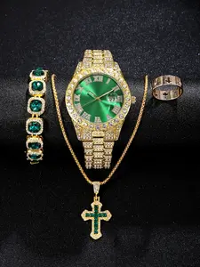Men's Full Diamond Watch Set, Colorful Dial + Cross Jewelry Kit, Perfect Gift for Mother's Day, Father's Day, Back-To-School Season
