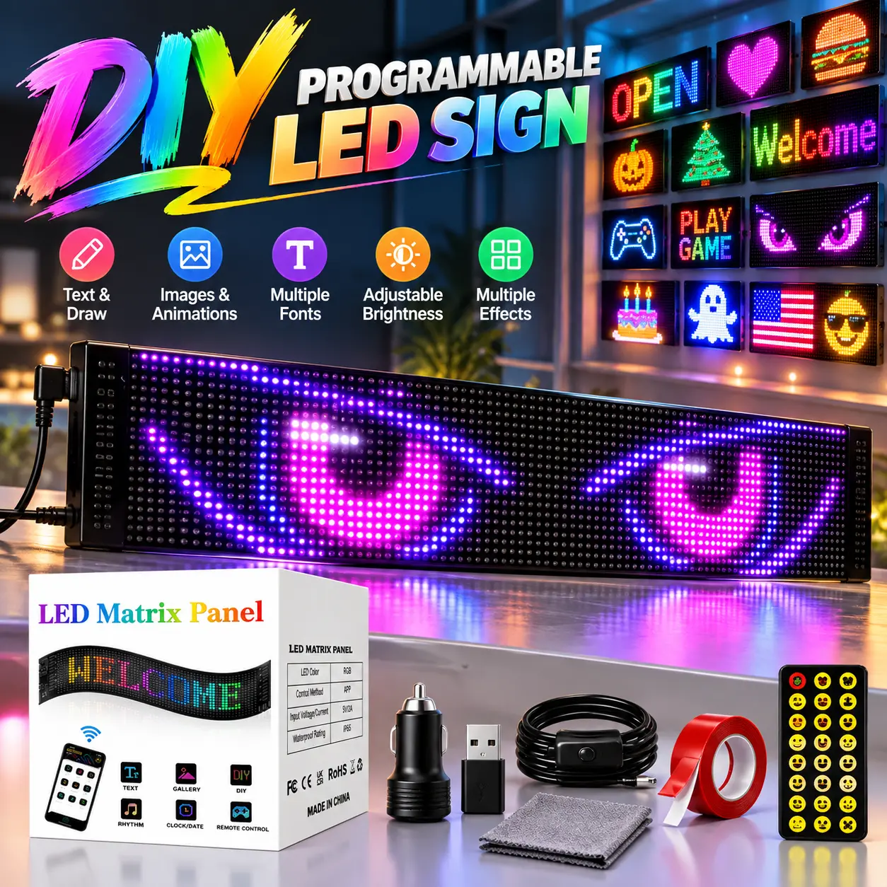 DIY Programmable LED Sign, Flexible RGB LED Matrix Panel, Editable Scrolling Message Display for Storefront, Room Decor, Gaming Setup & Parties