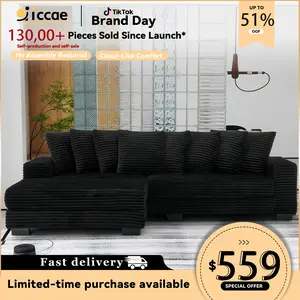【3 Packages Shipping】 Niccae 111.63'' Oversized L-Shaped Corduroy Sofa (L/R Chaise + 8 Pillows + Adjustable Ottoman) – Easy Assembly, Cloud-Like Living Room Comfort