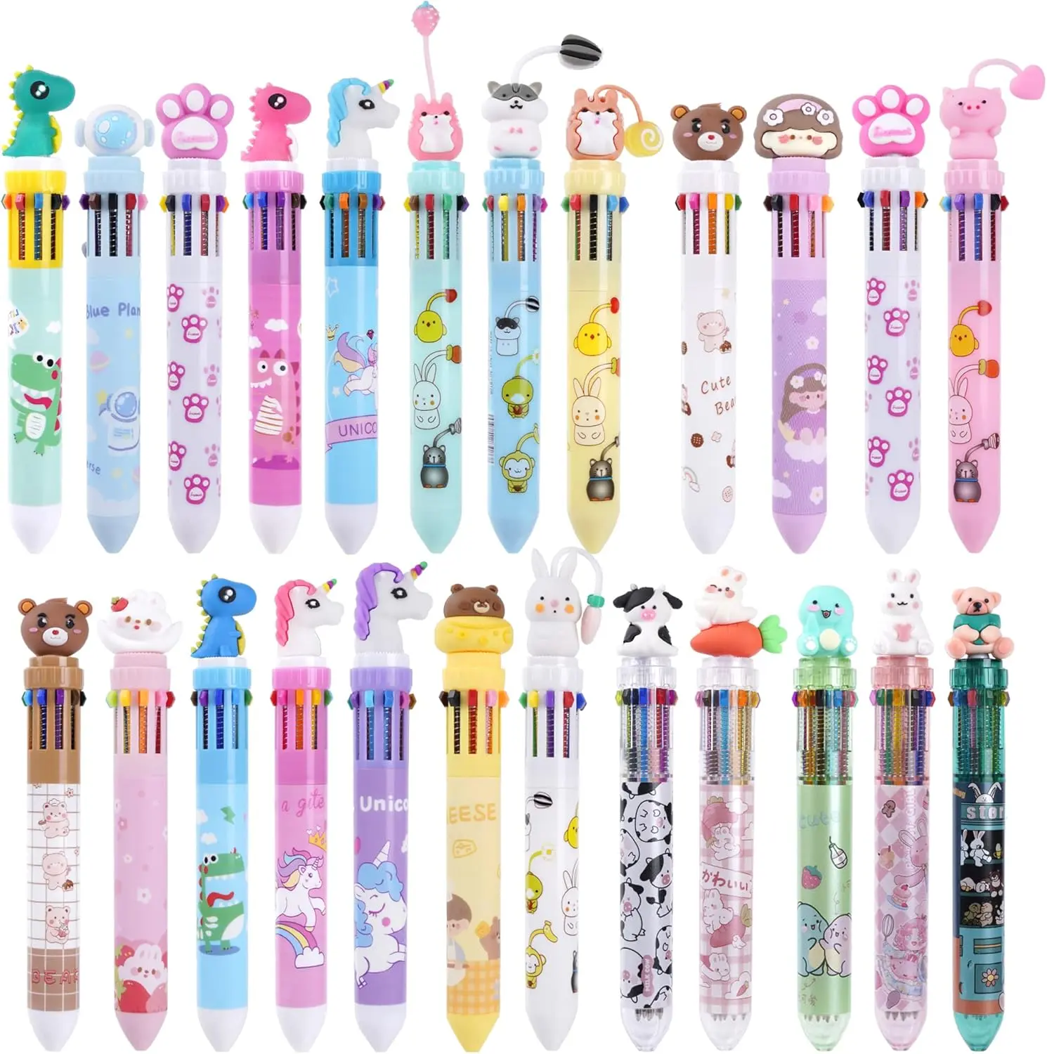 24 count Multicolor Ballpoint Pens 10-in-1 0.5mm Retractable Ballpoint Cartoon Pen Dinosaur Unicorn Pen for Office School Supplies Students