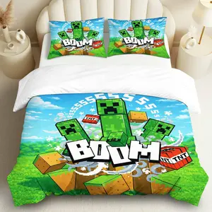 3PCS Decorative Duvet Cover Set, 1 Duvet+2 Pillowcases(Without filler), Creeper TNT Boom Pixel Game theme, Halloween bedding set, Minecraft explosion Suitable for decoration bedroom, playroom, dorm, gaming room.