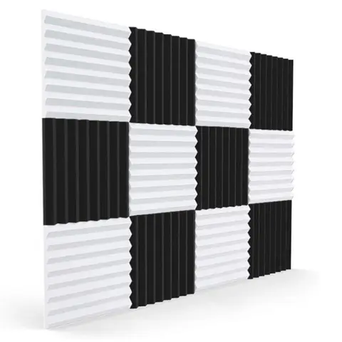 12 Pcs Polyurethane Material Acoustic Foam Panels - Sound Absorption Wedges with Tape Mount & Spray Glue, 6 Black+6 White Set, 30x30x2.5cm for 12pc Room Upgrade, Studio & Car Paint Care