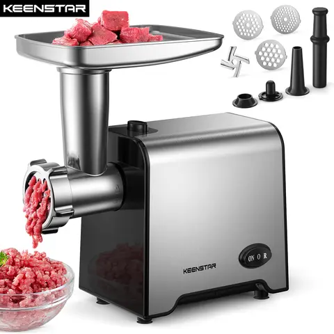 KEENSTAR Electric Compact Meat Grinder with 450W Motor (3000W Max) - Stainless Steel Sausage Stuffer with Stuffer Tube, Overload-Safe Food Processor, Chopper with Blade, 3 Plate Texturize, Kubbe Kit for Beef/Pork, Black Kitchen Appliances