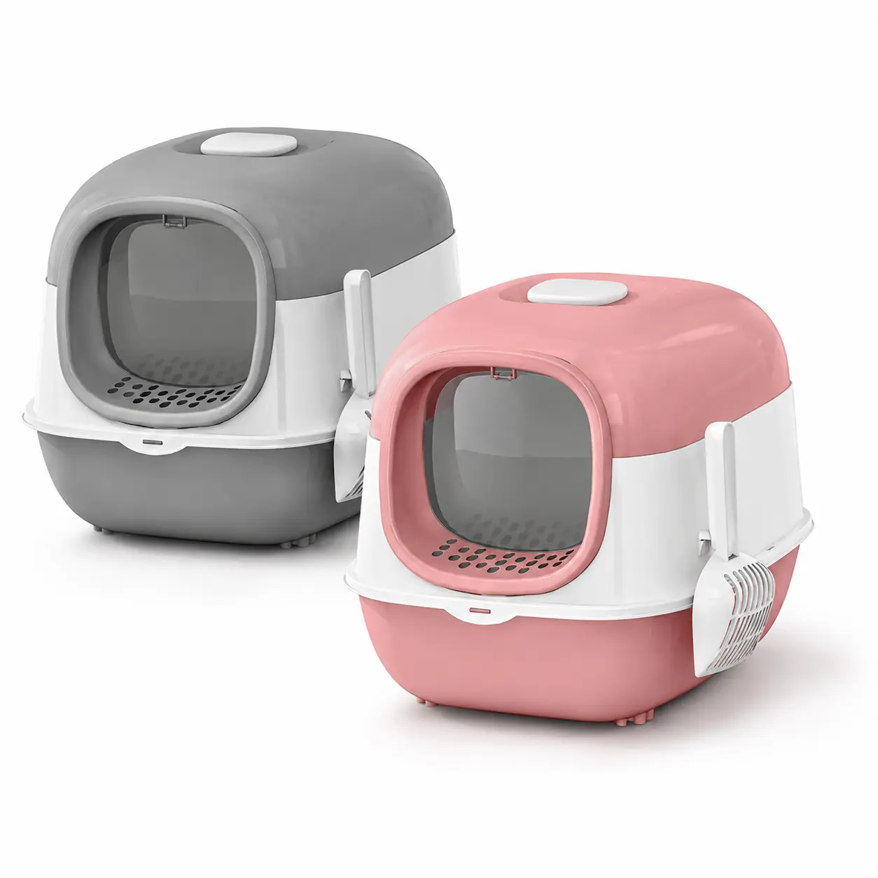 Enclosed Cat Litter Box with Lid, Hooded Cat Litter Pan with Litter-Filtering Pedal, Removable Door, Scoop, Grey & Pink