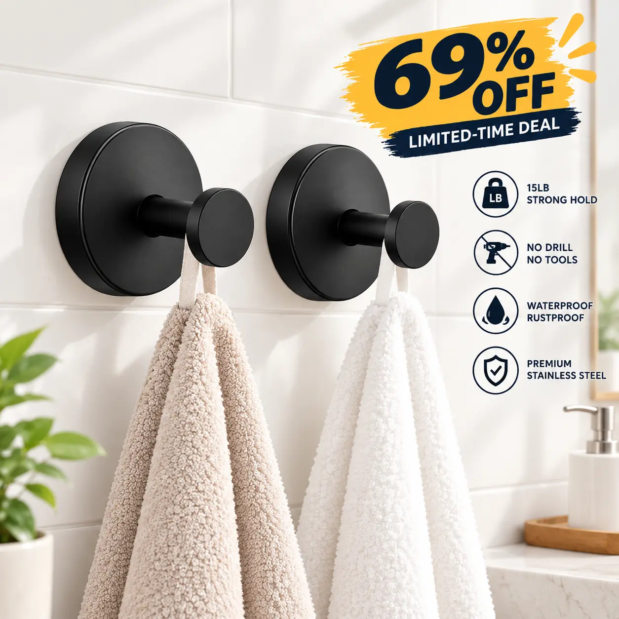 【69% 0FF】Contemporary Stainless Steel Shower Hook Set - Upgraded Heavy-Duty 15LB Strong Suction Cup, No-Tools No-Drill Removable Wall-Mount, Waterproof Towel Holder for Bathroom & Kitchen (Fits Glass, Smooth Tile)