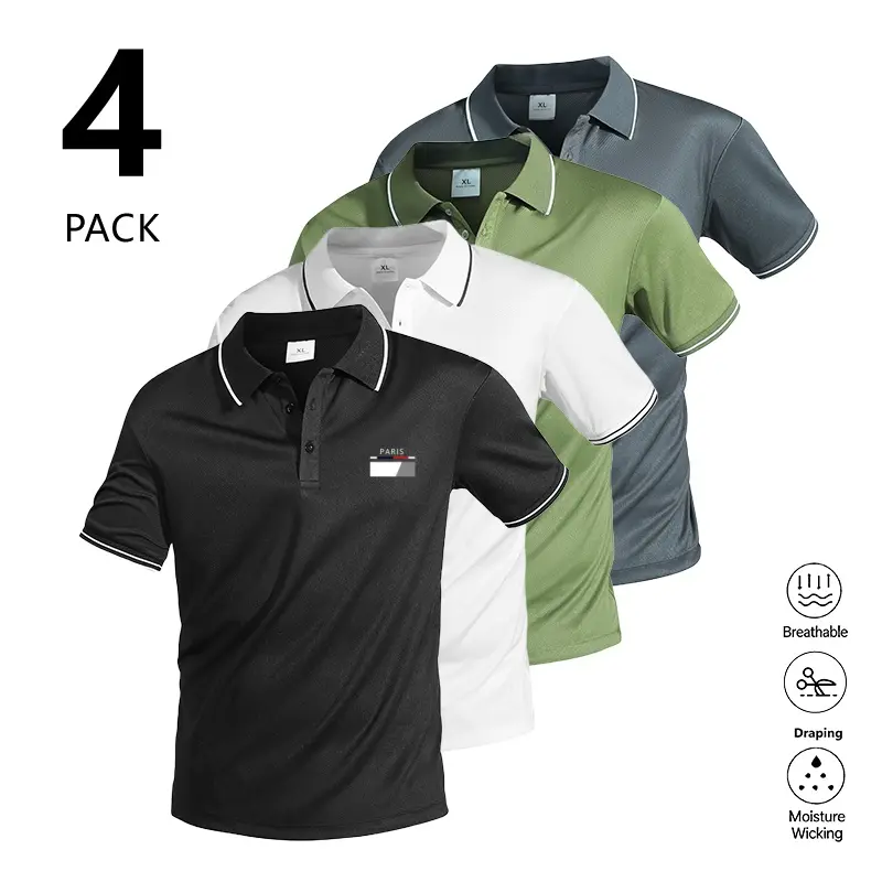 Clean Gent Summer Men’s Casual Short Sleeve Polo Shirt 4-Pack, skin-friendly, soft, comfortable, breathable fabric; men’s golf apparel; creative print turn-down collar short sleeves; minimalist color-block striped design; mature and elegant; multiple colo