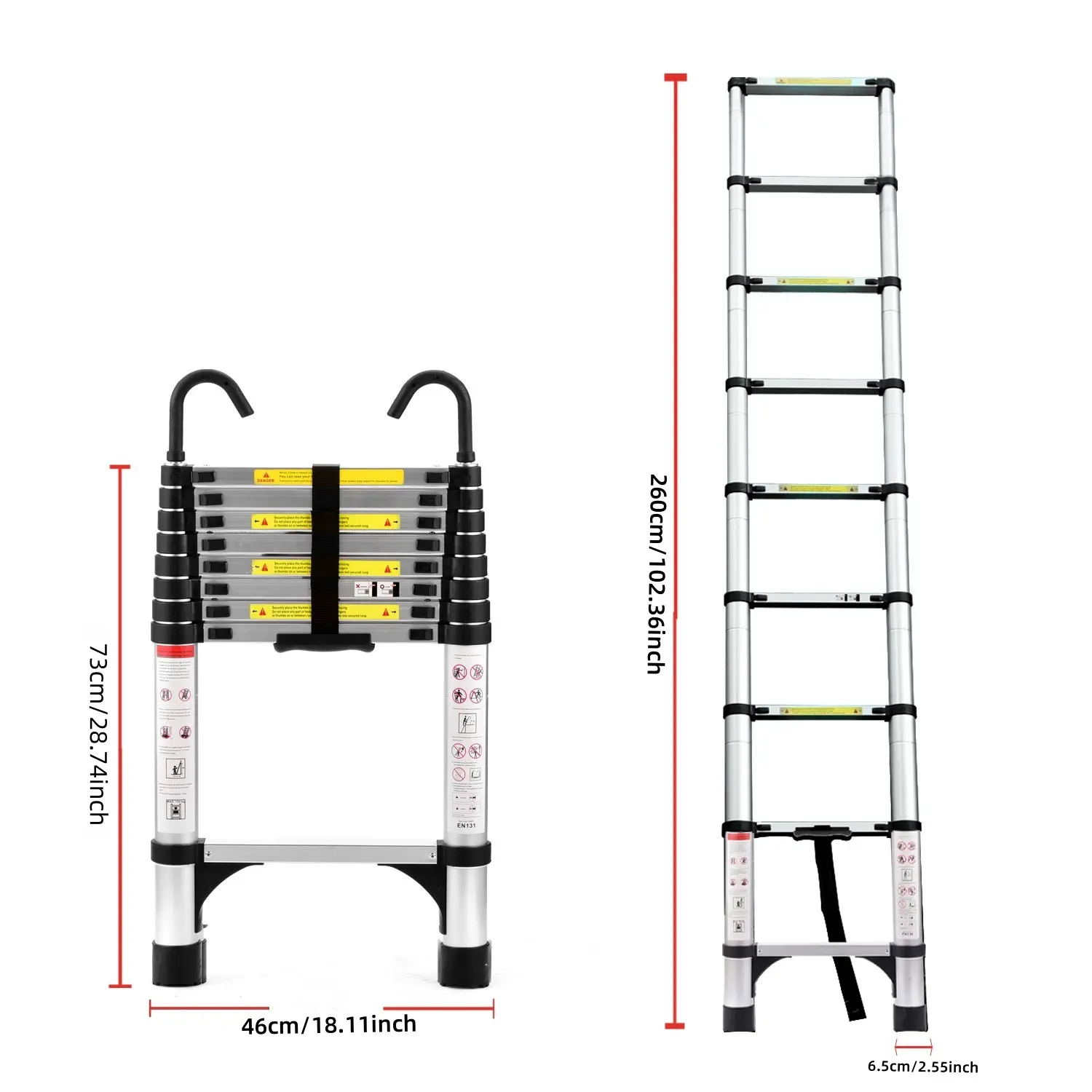 8.5FT Height Telescopic Aluminum Alloy Ladder with Hooks & Frame, Triangular Base, Multi-Purpose Folding Ladder for Home, Outdoor Work or RV Use
