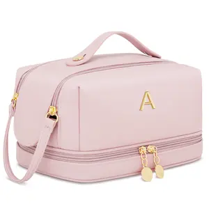 CLOUDWINGS Initial Makeup Bag for Women - Personalized Large Capacity Travel Cosmetic Bag with Makeup Brush Organizer, Portable Toiletry Pouch with Double Layer, Gifts for Women（Pink A）