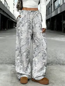Women's Vintage Street Style Camouflage Knit Loose Wide Leg Sweatpants, Drawstring Waist Design for All Seasons Comfort, Casual Athletic Trousers