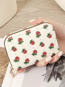 Lightweight strawberry printed women's credit card bag short wallet, zipper wrapped coin wallet, using multi slot women's short wallet, suitable for outdoor, travel, and back to school, Zipper Card Holder, Credit Card Organizer