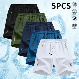 Set of 5 men’s solid-color quick-dry shorts: casual shorts with slight stretch, drawstring elastic waistband, zippered pockets; suitable for summer at home, gym, outdoor leisure, workouts, and training; features reflective stripe prints summervibes