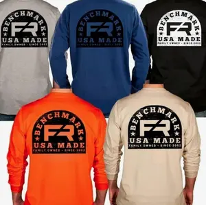 Benchmark Wood Stamp Flame Resistant Long Sleeve Shirt, Men's Graphic Workwear T-Shirt, Long Sleeve Tee clothing IJN MXH YXN
