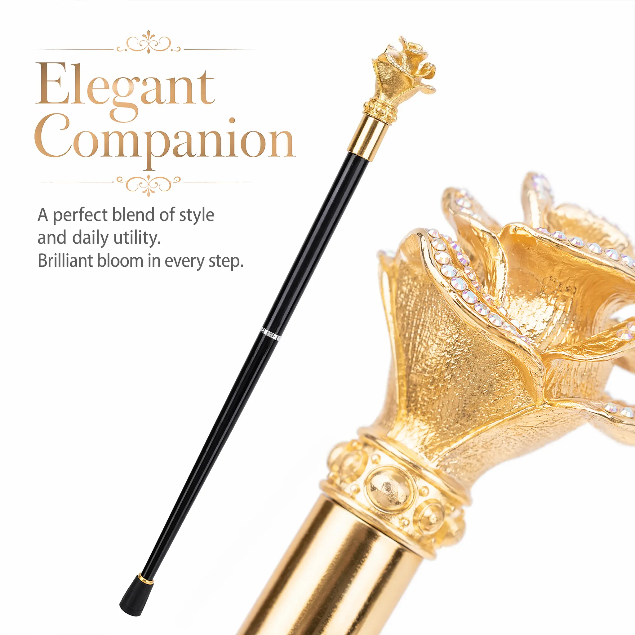 Walking Cane Gold Rhinestone Crystal Embellished Metal for Men and Women Elegant Design for Daily Use Hiking Outdoor Walking Sturdy Support