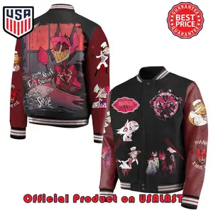 Hazbin Hotel Smile Varsity Jacket, Anime Graphic Bomber Layer, Colorful Statement Outerwear, Trendy Fan Gift For Bold Fashion Lovers