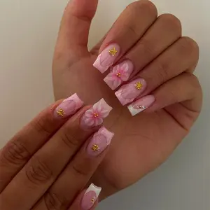 24pcs Clear Nude Base Color Nail Polish, Nail Art Manicure, Sakura, Cherry Blossom, Gold Foil, Pearl Decor, Medium Oval Shape, Glossy Finish, Versatile and Elegant, Nail Art Products