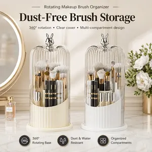 Rotating Makeup Brush Organizer, 360° Spinning Cosmetic Brush Holder with Dustproof Clear Cover & Water-Resistant Base, Multi-Compartment Storage for Brushes, Pencils, and Beauty Tools