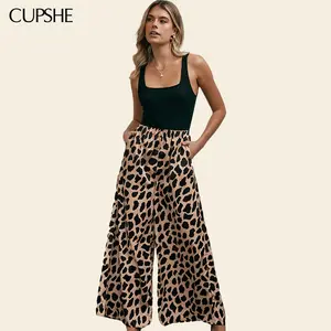 CUPSHE TikTokShopSpringGlowUp Black Square Neck Tank & Leopard Wide Leg Jumpsuit for Vacation,Daily,Party Womenswear Casual Overall Summer Beach Outfits Sleeveless Fitted overall Salmon jumpsuits women Womensfashion