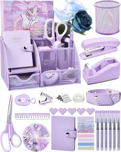 Purple Desk Accessories, 26 count Office Supplies and Desk Organizers, with Tape Dispenser, Stapler, Staple Remover Ect, The  Hue for Focused Learning,  to School