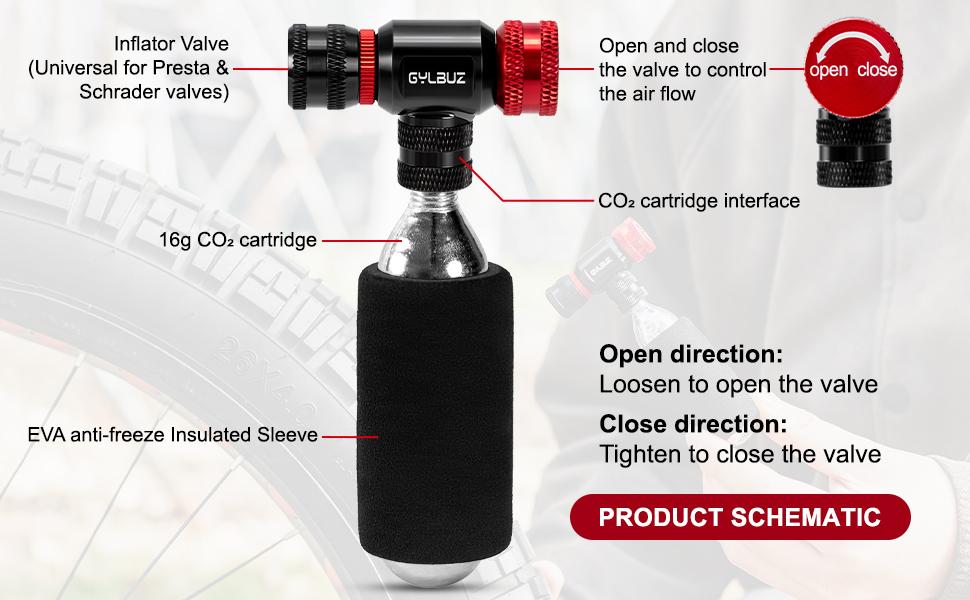 CO2 Inflator with 6x16g CO2 Cartridges - Presta and Schrader Valve Compatible Portable Bike Tire Pump with Insulated Sleeve for Road and Mountain Bicycle