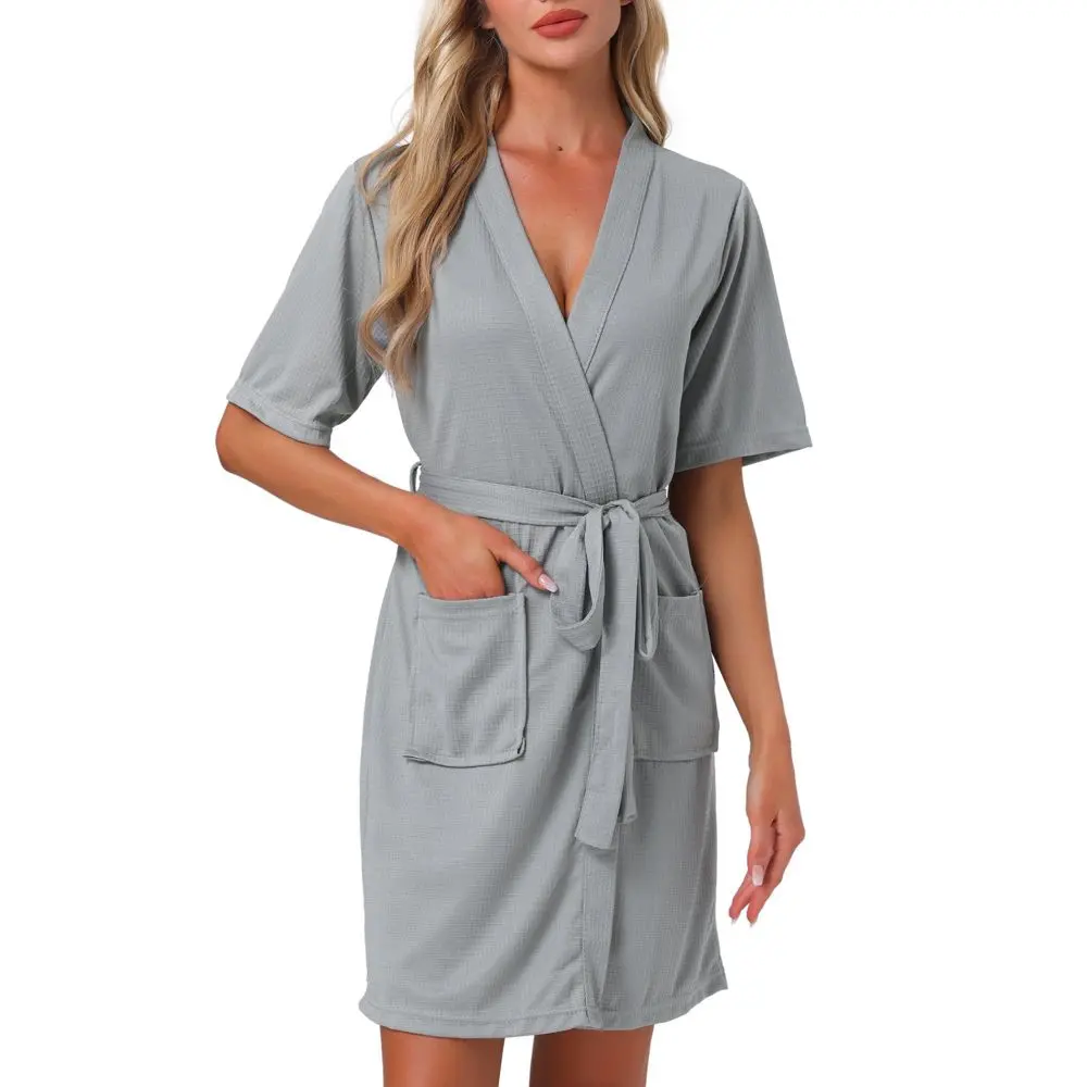 INSPIRE CHIC Women's Comfy Bath Robe - Waffle Terry, Shawl Collar, Short Sleeve, Detachable Waist Belts, Pocket, Knee-Length, Sleep & Spa Shower Use, Cold Wash, Medium Grey