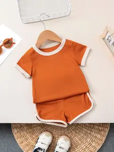 Two-Piece Set Toddler Girl's Solid Ribbed Tee & Shorts Set, Casual Short Sleeve T-shirt & Shorts, Summer Clothes for Kids, Baby Clothing