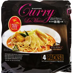 Prima Taste Singapore Curry La Mian - Spicy Instant Noodle Soup with Coconut Flavor - 4 Packs x 17g - No MSG Added - Premium Air-Dried Noodles Food Pansit