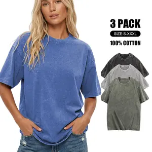 Wayii Fashion 3Pcs Women's Acid Washed Cotton T-Shirts Unisex Loose Fit Half Short Sleeves Oversized Casual Solid Streetwear Tops Vintage Classic Fit for Fitness