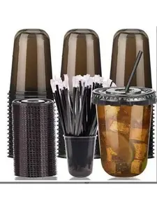 12oz Black Iced Coffee Cups with Lids & Straws, Leak-Proof U-Shaped Cold Drink Cups for Bubble Tea, Iced Coffee & Parties
