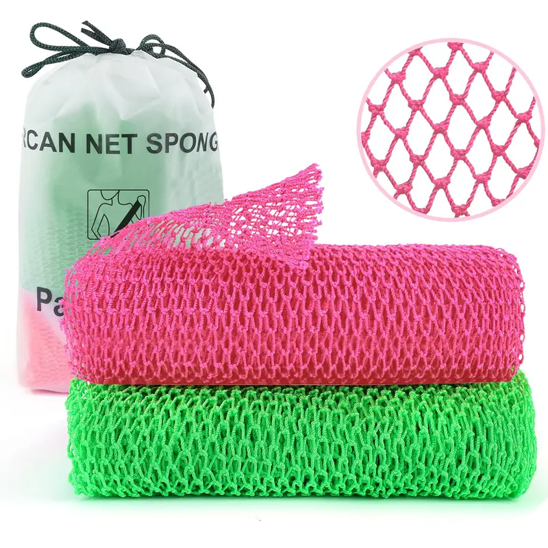 Zazozea 2-Piece African Net Sponge Bathroom Accessory - 31.2-Inch Length Elastic & Stretchable Nylon Exfoliating Loofah, Larger Size Body & Foot Scrubber, Suitable for All Skin Types
