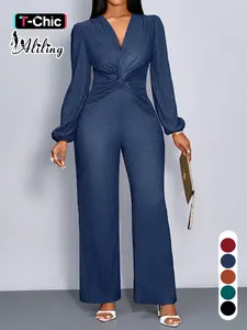 Aliling Fahsion Jumpsuit For Women Autumn Sexy Elegant Chic Style Women's Jumpsuits, Deep V Neck High Waist Fit Twist Design Long Pants, Puff Sleeve Wide Leg Pants Jumpsuit ,All Seasons Causal Wear