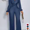 Aliling Fahsion Jumpsuit For Women Womenswear Autumn Sexy Elegant Chic Style Women's Jumpsuits, Elegant Fashion Jumpsuit, Deep V Neck High Waist Fit Twist Knot Design Long Pants, Puff Sleeve Wide Leg Pants Jumpsuit ,All Seasons Causal Wear