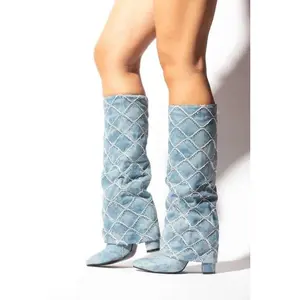 Denim Quilted Knee-High Women's Footwear Boots – Statement Stitch Detail