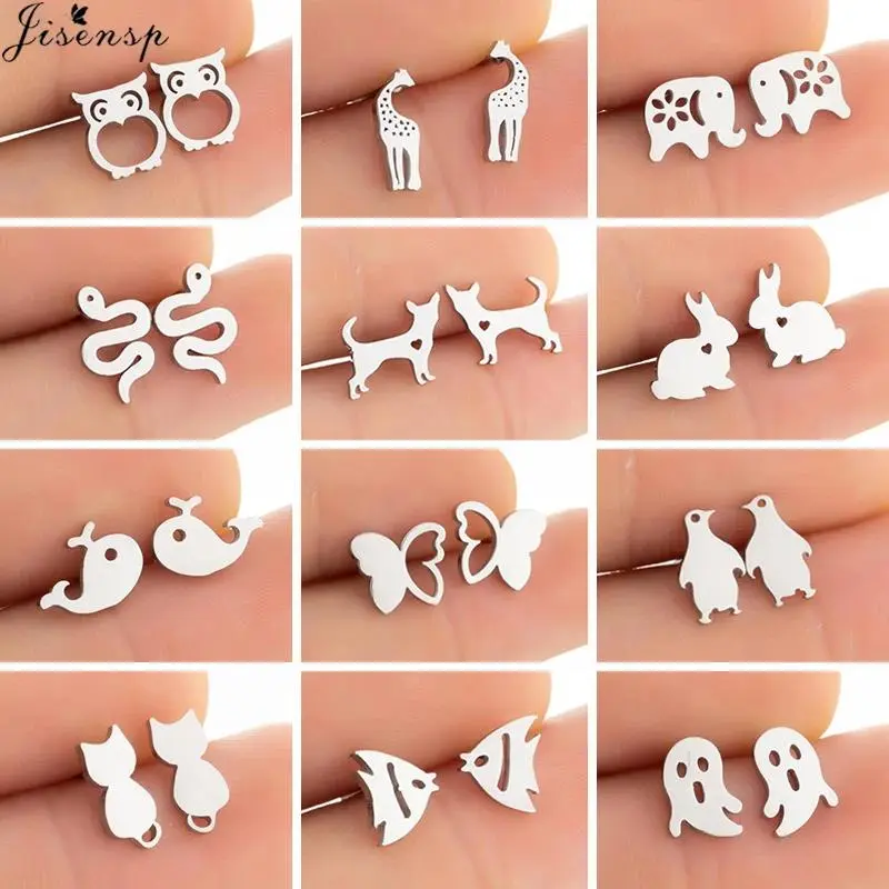 Tiny Stainless Steel Stud Earrings for Women Cute Animal Snake Rabbit Whale Dog Cat Earring Smiling Face Ear Studs Jewelry