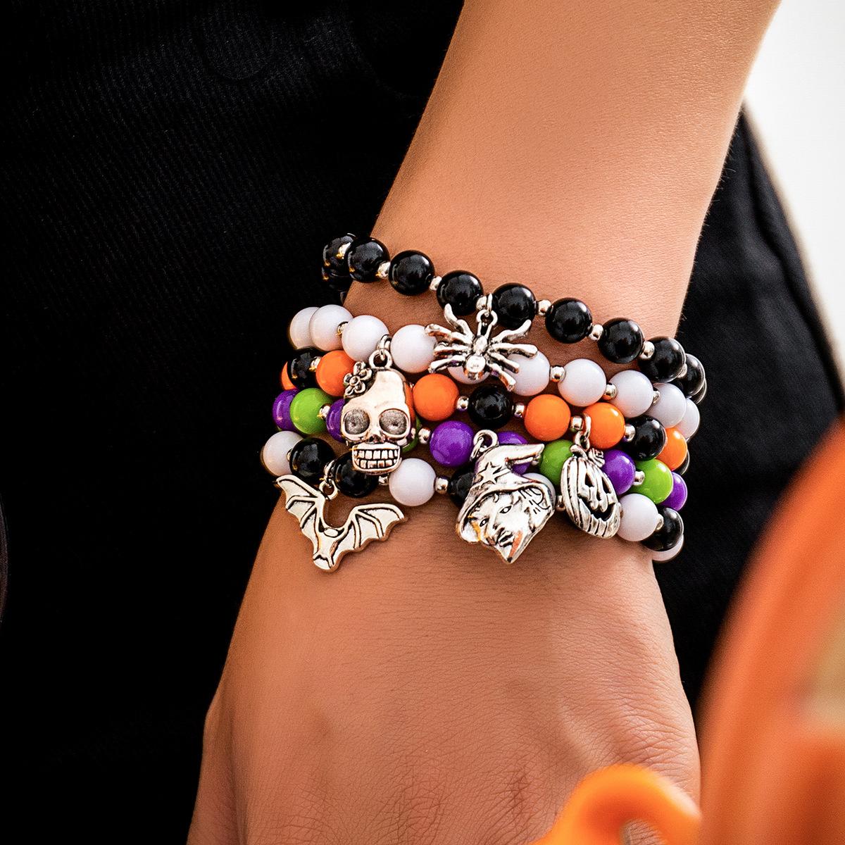 Halloween New Skull Pumpkin Bracelet Suit for Women Dark Style Zinc Alloy Insect Geometric Design Mixed Colors 4379-5296