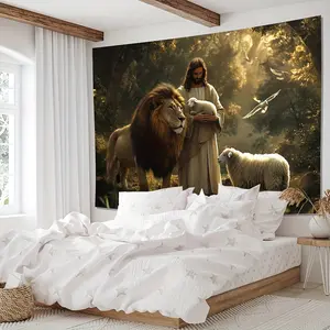 Modern Polyester Religious Wall Hanging Tapestry - Jesus with Lion & Lamb Symbolizing Peace, Reusable Indoor/Outdoor Decor for Home, Parties, Unique Gift Idea, Party Decorations, Symbolic Artwork, Highquality Print, Art Collectors