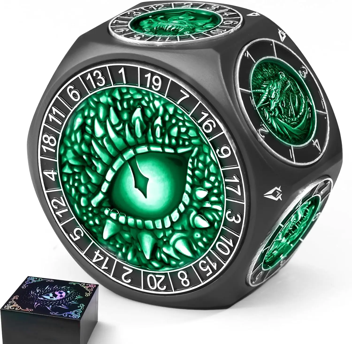 Durable Polyhedral Dice Set - 8-in-1 Metal Spinner, Dual D20, 3D Monster Engravings, Smooth Spin, Ideal for TTRPG, Dungeons and Dragons Gifts (Black-Green)